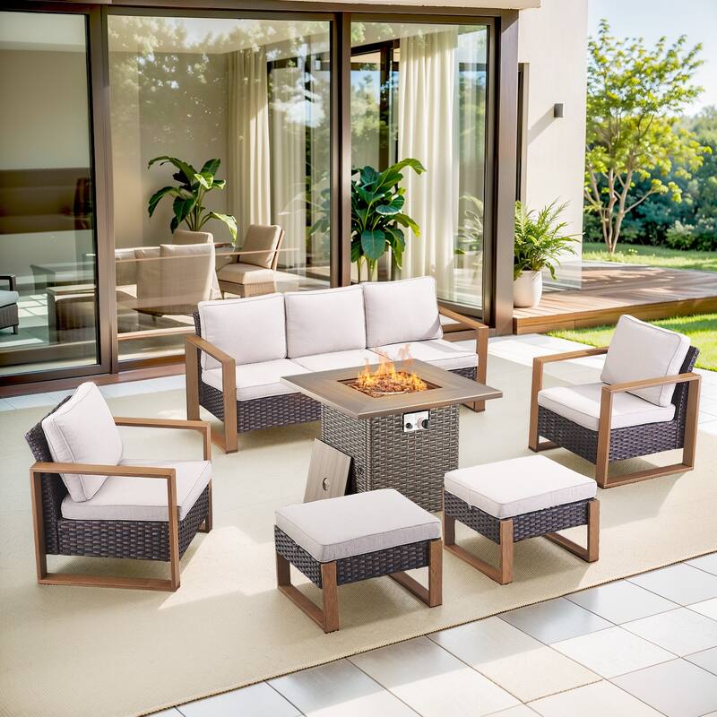 Pocassy 4/6/8PCS Sofa Swivel Chair with Fire Pit Table Set - Brown Wicker Beige Cushion - 6-Piece Sofa Patio Chair Ottoman with Fire Table