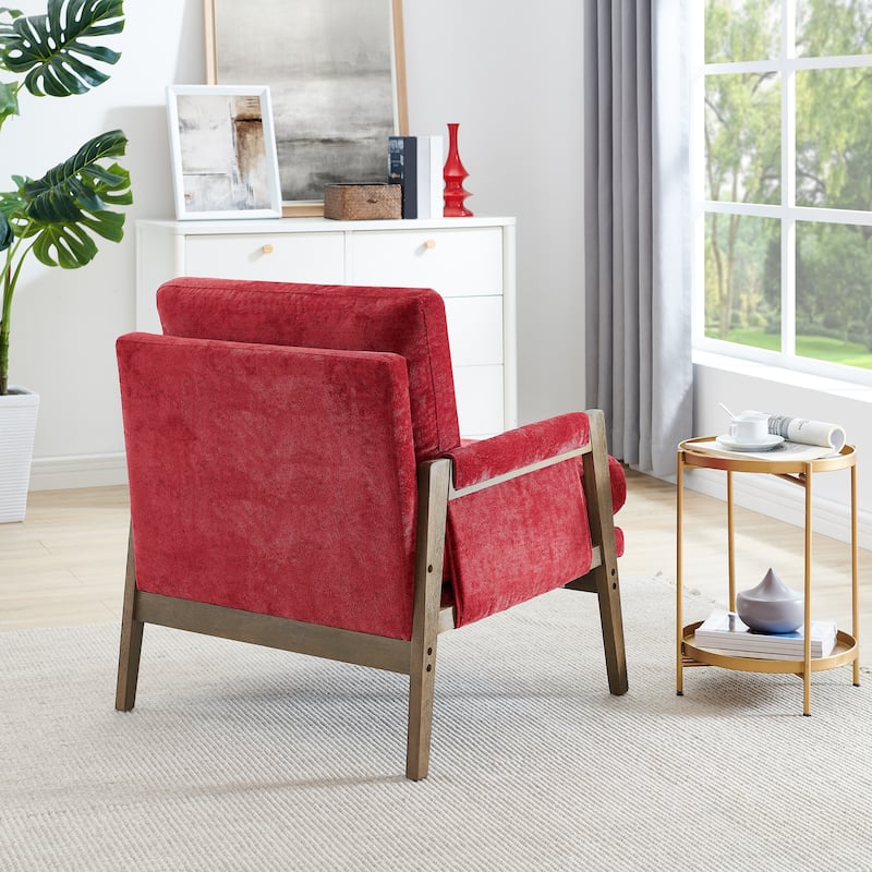 Red Mid-Century Modern 35.4" Velvet Arm Chair with Solid Rubber Wood Frame and Padded Feet