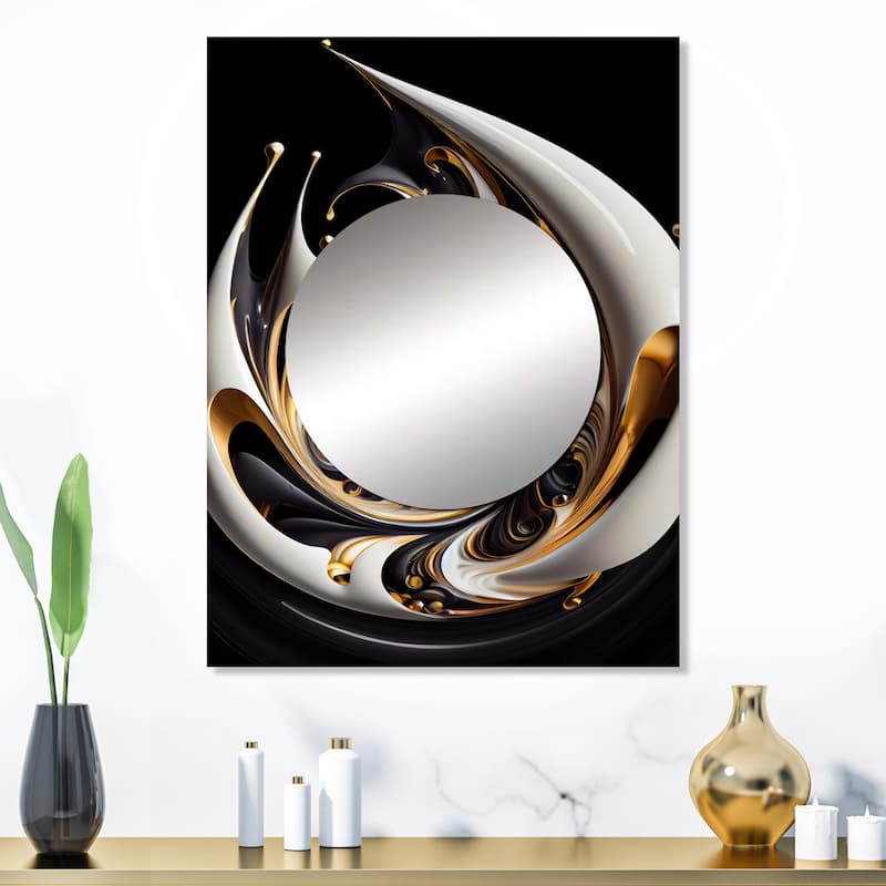 Designart "Gold Black And White Stained Glass II" Modern Mirror Gold - Modern Large Living Room Wall Mirror Art - 24 in. wide x 32 in. high