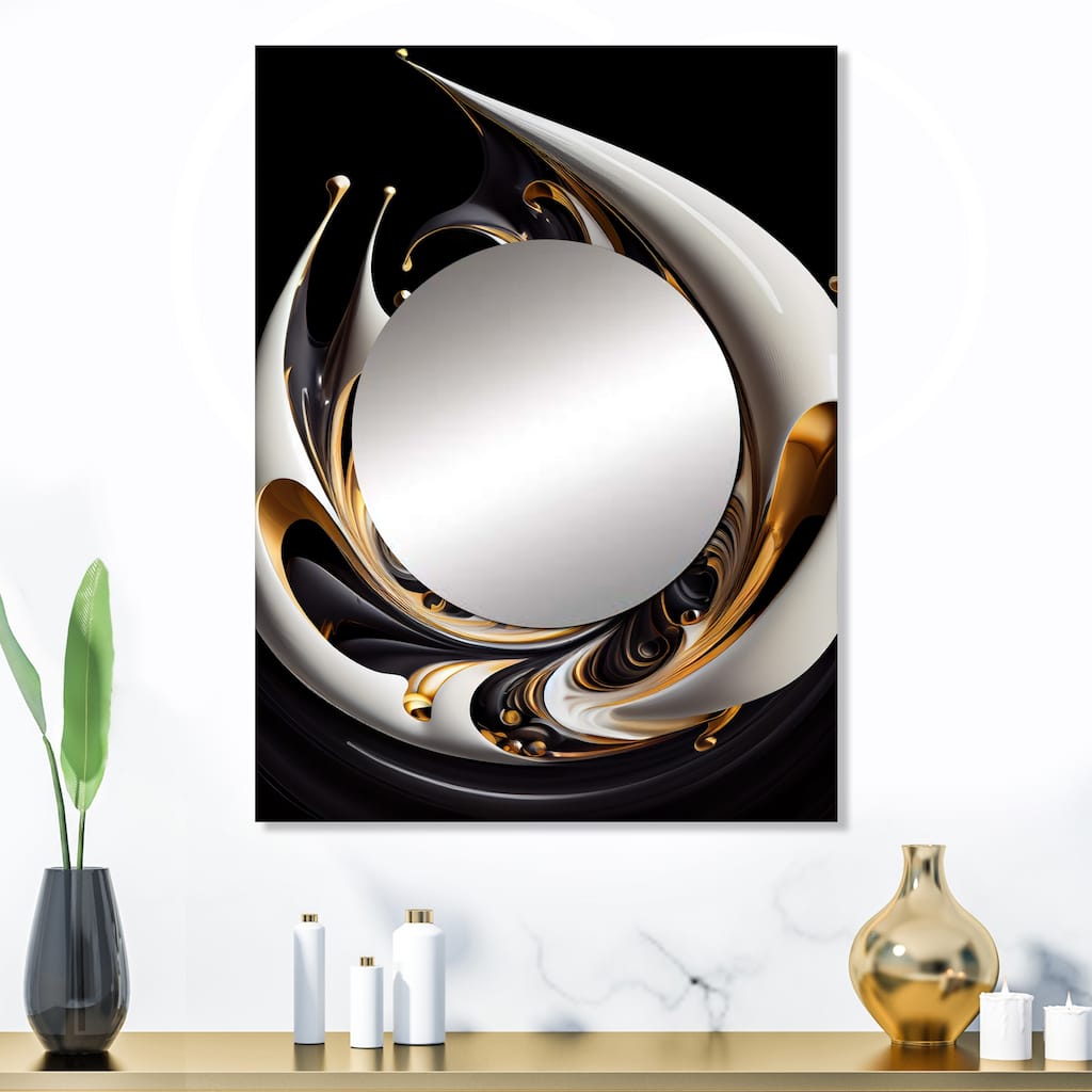 Designart "Gold Black And White Stained Glass II" Modern Mirror Gold - Modern Large Living Room Wall Mirror Art