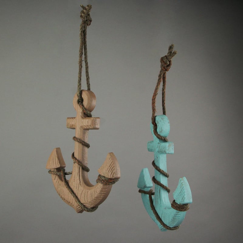 Wooden Ship Anchor Wall Hangings Blue And Brown 8.75 Inch (Set Of 2)