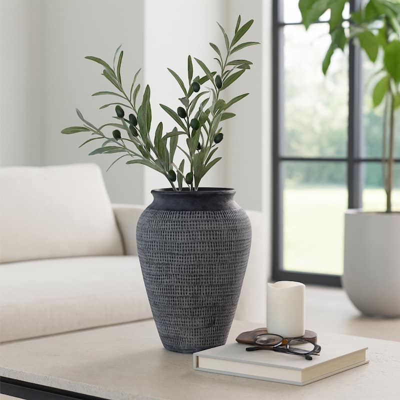 Ceramic Vase Textured Wide-Opening for Modern Decor - 16" Black