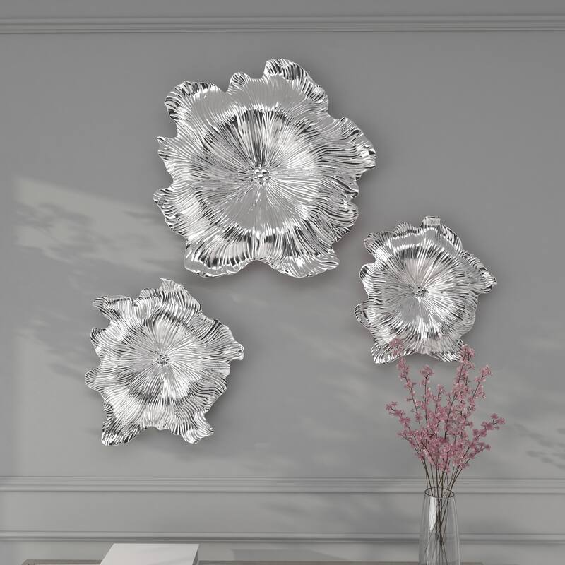 Silver Polystone 3D Floral Home Wall Decor (Set of 3)