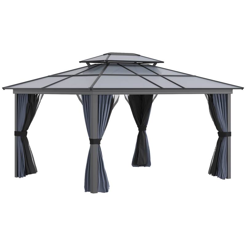 Outsunny 10x12 Hardtop Gazebo with Aluminum Frame, Polycarbonate Gazebo Canopy with Curtains, Netting
