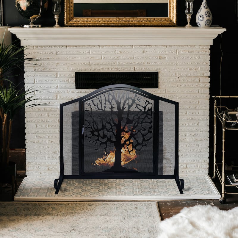43 Inches 3 Panel Iron Fireplace Screen, Mesh Design, Arched Top, Tree of Life Art, Black - Black
