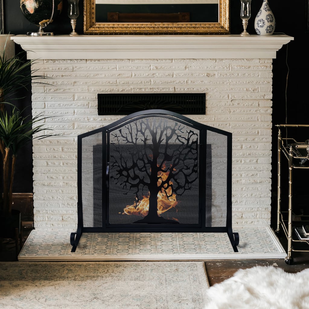 43 Inches 3 Panel Iron Fireplace Screen, Mesh Design, Arched Top, Tree of Life Art, Black