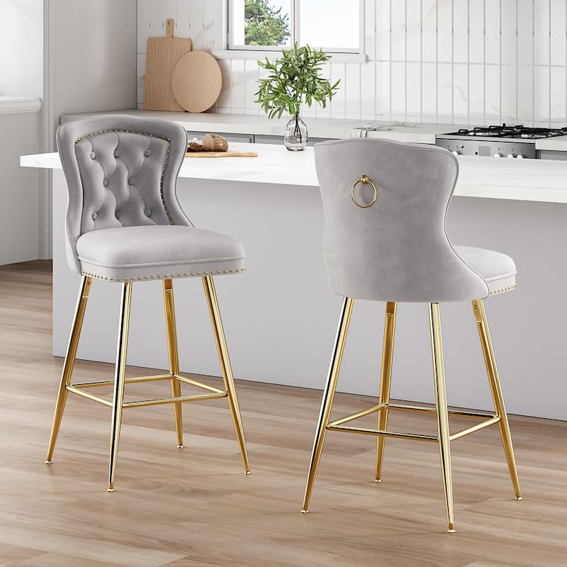 Bar Stools Set Of 2, Velvet Counter Height Bar Stools With Metal Legs, Button Tufted And Nailheads Trim