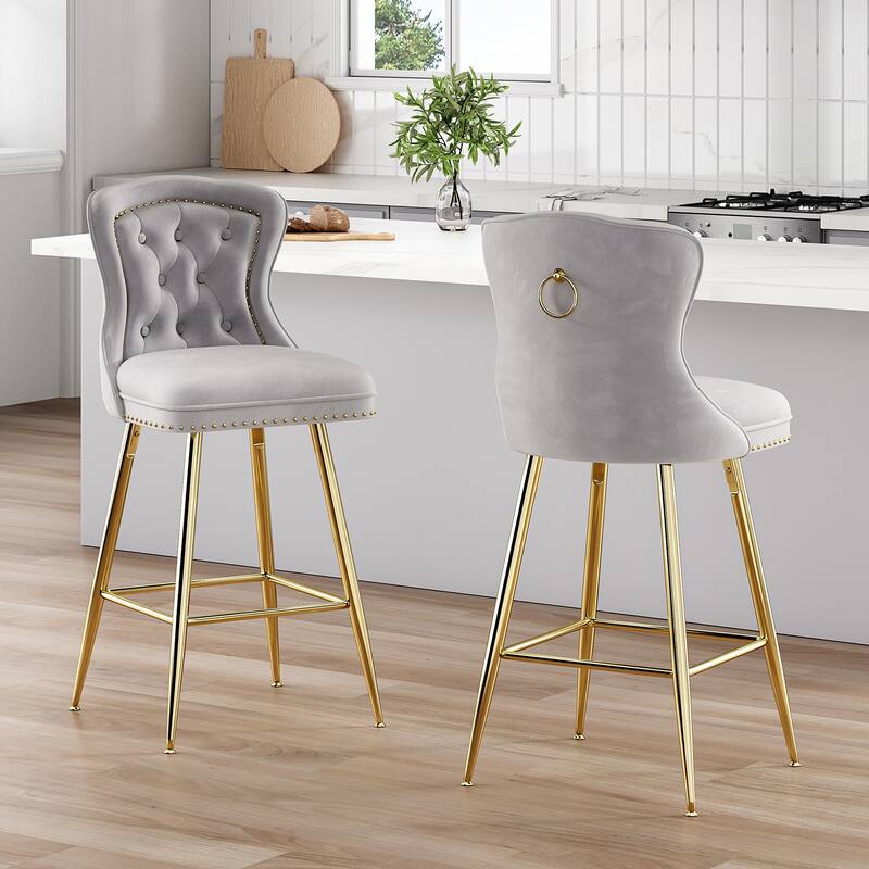 Bar Stools Set of 2, Velvet Counter Height Bar Stools with Metal Legs, Button Tufted and Nailheads Trim, Gray