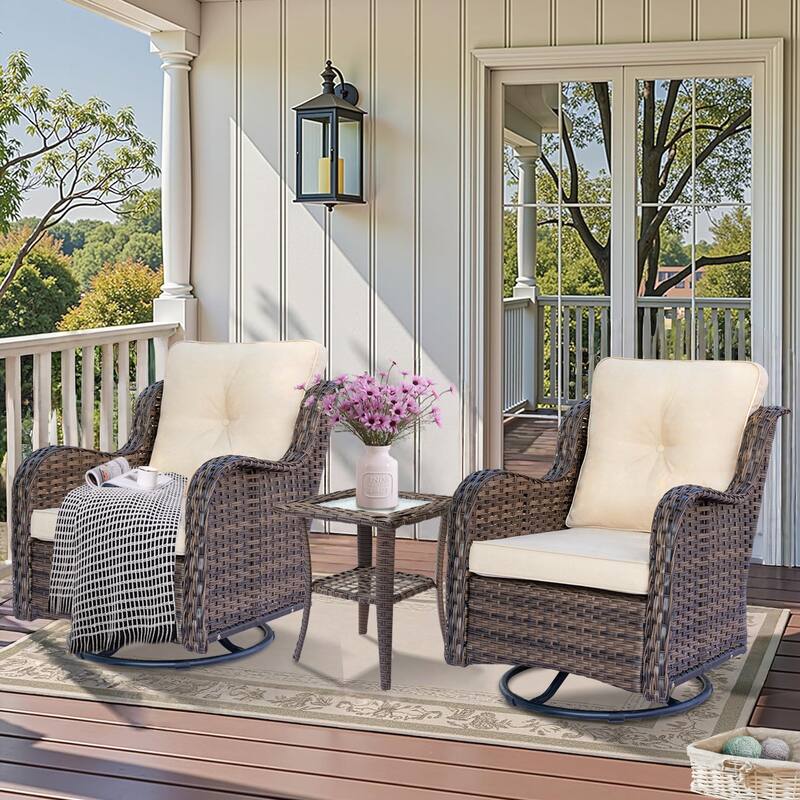 High Back Wicker Patio Furniture Outdoor Swivel Chair Set with Cushion - 3 Piece - Cream/Brown Wicker