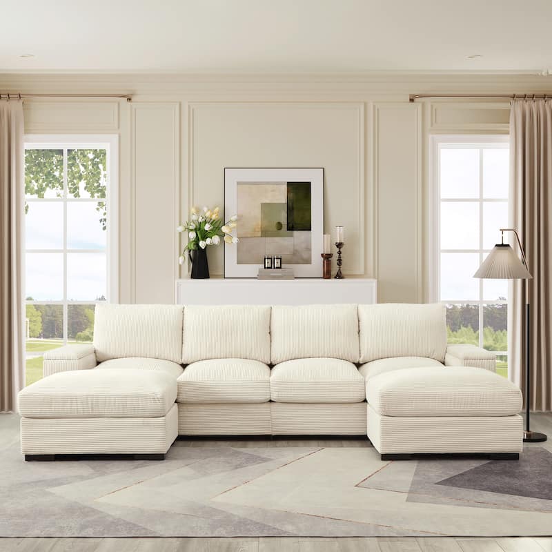 4-Deep Seat Corduroy Sectional Sofa Couch with 2 Ottomans