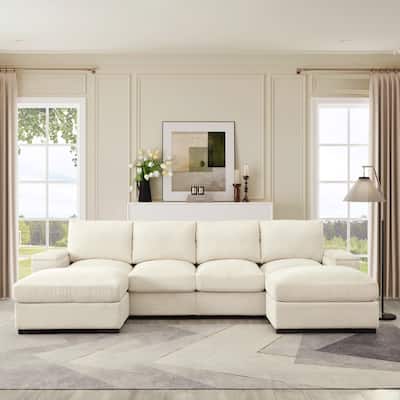 Symmetrical U-shaped Sectional Sofa Corduroy Sleeper Couch with Storage Armrests and Deep Seating, 4 Seat & 2 Ottomans Set