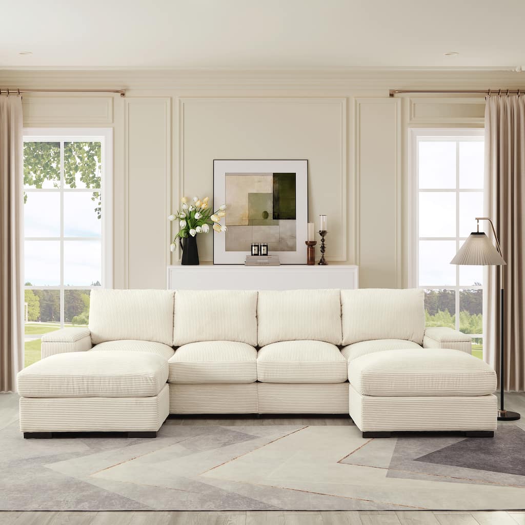 Symmetrical U-shaped Sectional Sofa Corduroy Sleeper Couch with Storage Armrests and Deep Seating, 4 Seat & 2 Ottomans Set
