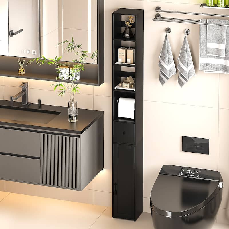 VECELO Tall Bathroom Storage Cabinet, Freestanding Linen Tower with 4-Tier Shelf, 1 Drawer and 1 Cupboards