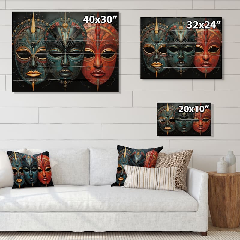 Designart "Red African Masks III" African Tribes Print on Natural Pine Wood