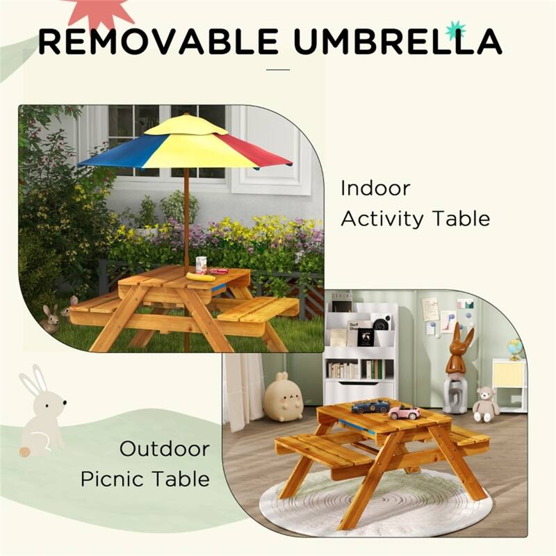 3-in-1 Kids Teak and Blue Outdoor Picnic Table with Sand-Water Box and Removable Umbrella - 35" L x 31.7" W x 56.1" H