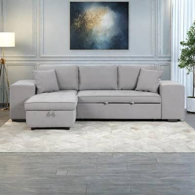 104.5" Linen L-Shaped Sectional Sofa with Pull-Out Bed and Storage Chaise, Includes 2 Stools