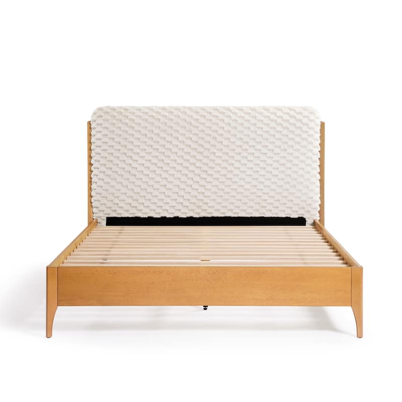 Quilted Upholstered Headboard with Rubberwood Frame Platform Bed, Queen