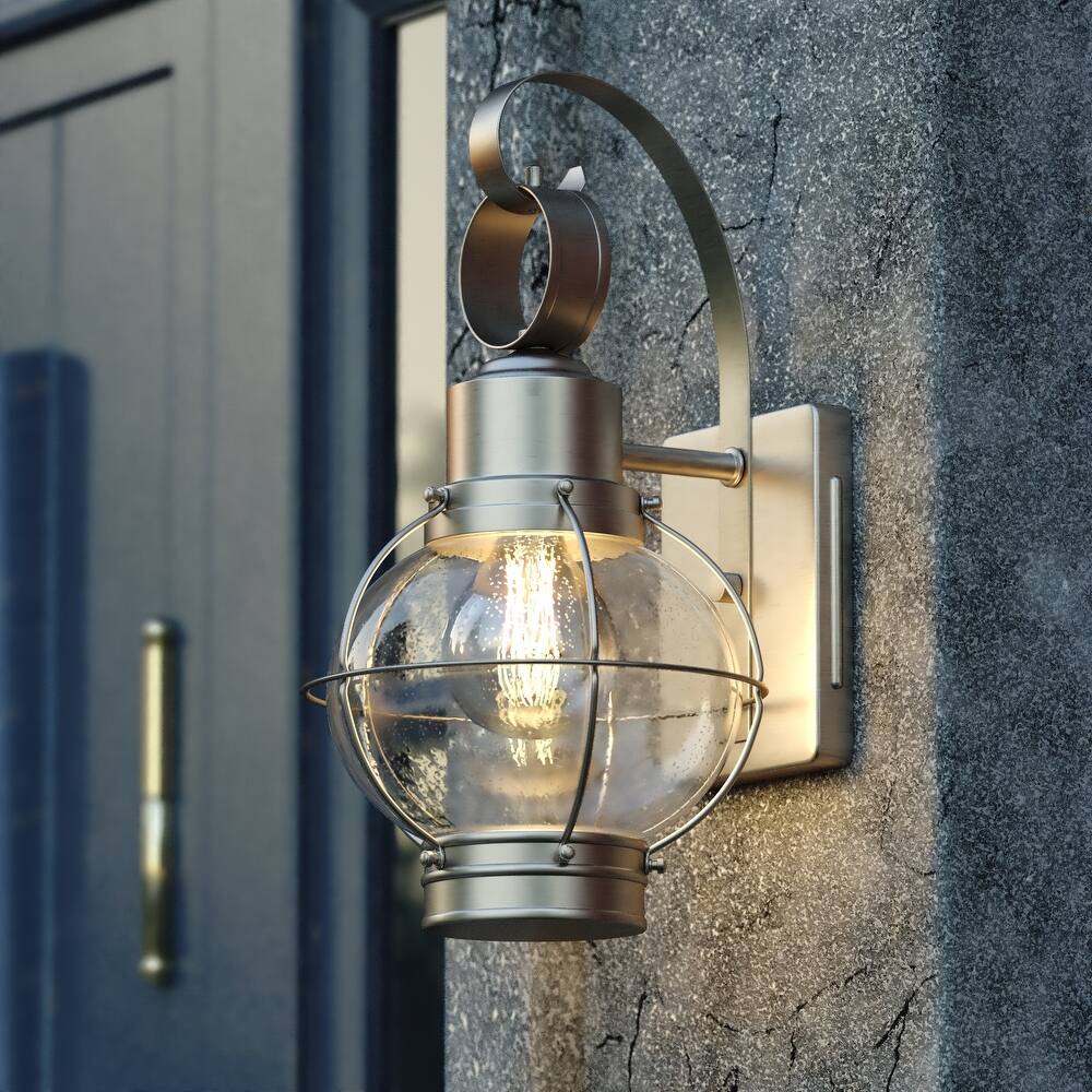 VAXCEL Chatham 12 in. H 1-Light Brushed Nickel Coastal Outdoor Wall Sconce, Steel, Clear Seeded Glass Shade, LED Compatible