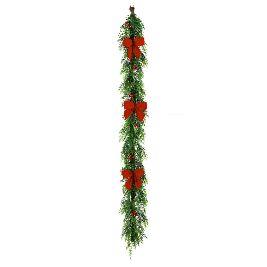 National Tree Company 6 ft. Artificial Feel Real Christmas Classic Garland with Red Berries, Cypress Tips, and a Red Bow - 6 ft