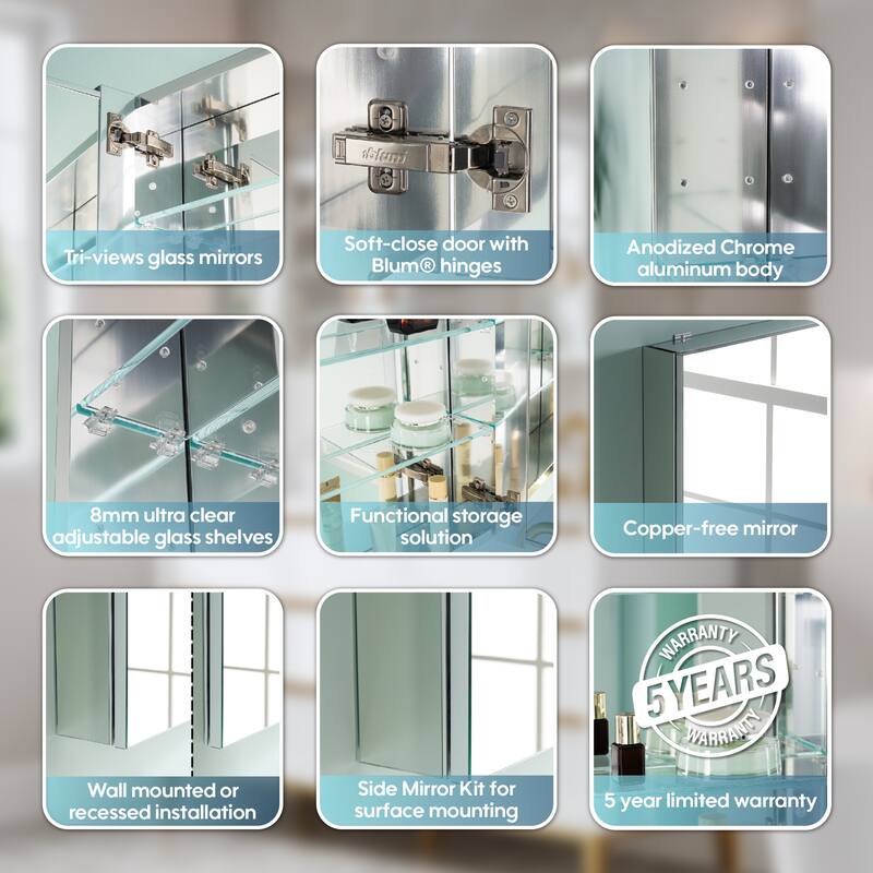Recessed or Surface Wall Mount Bathroom Medicine Cabinet With Adjustable Glass Shelves