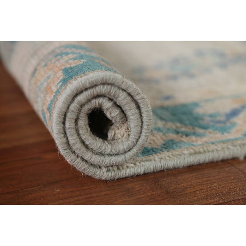 Hand Knotted Oriental 100% Wool Carpet Transitional Geometric Green Oushak Area Rug - 2' 11'' X 1' 11''