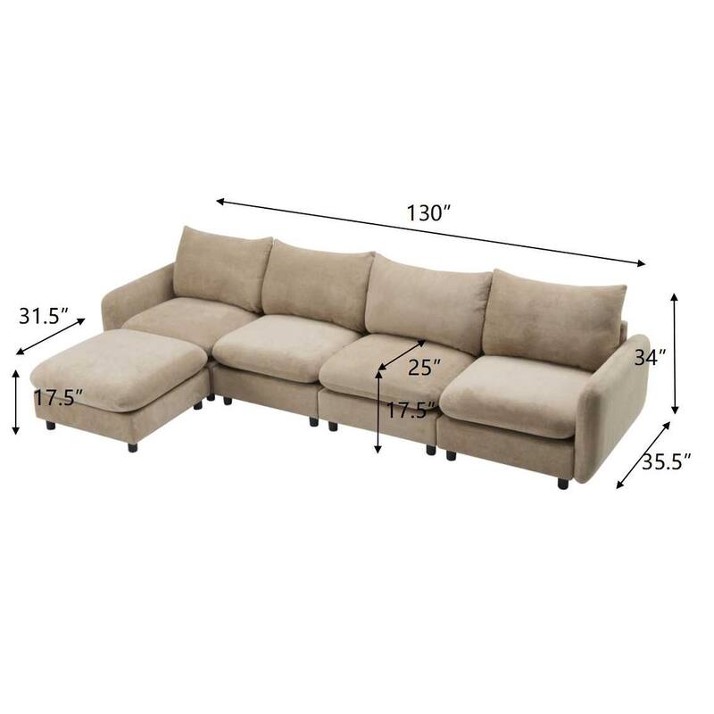 L Shaped Modular Sectional Sofa with Ottoman, Oversize Velvet Upholstered Sofa, 5 Seat Sofa with Removable Cushions