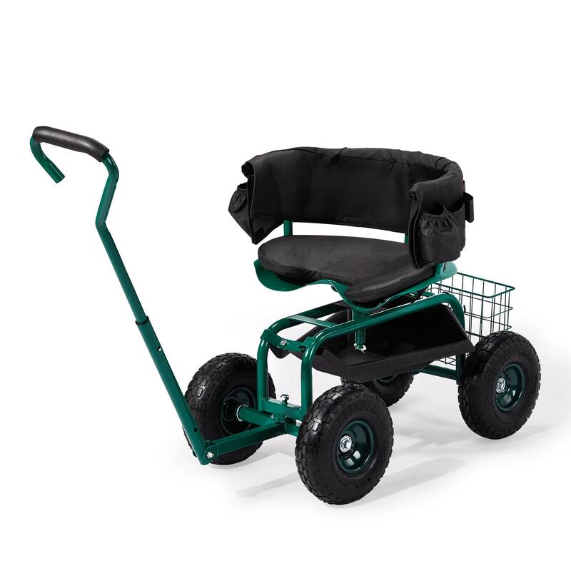 Rolling Garden Cart with Cushioned Backrest & Seat, Outdoor Gardening Stool for Planting, Garden Scooter - 35 x 29.1 x 23.6