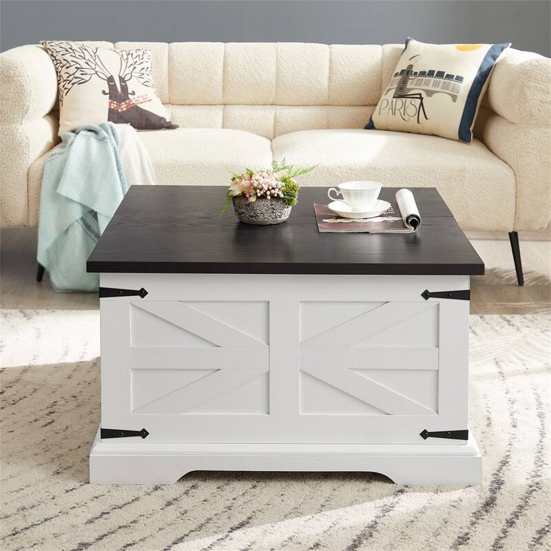 Farmhouse Coffee Table, Square Wood Center Table with Hidden Storage