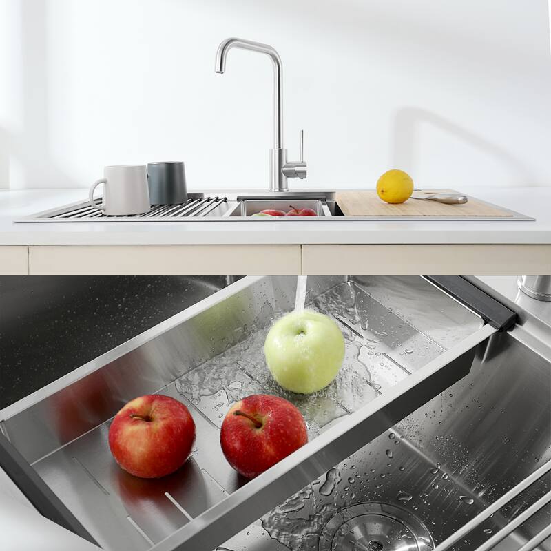 Dark Gray 33 Inch Single Bowl Overmount Kitchen Sink 304 Stainless Steel Brushed Chrome with Cutting Board, Dish Grid