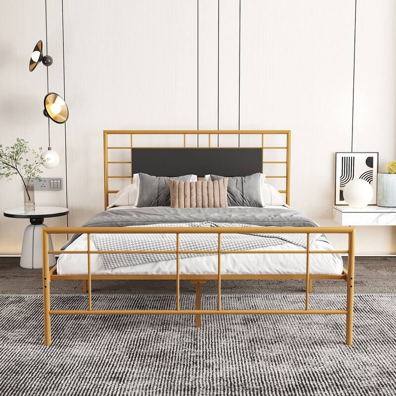 NNV Full Size Platform Metal Bed Frame with Leather Upholstered Headboard