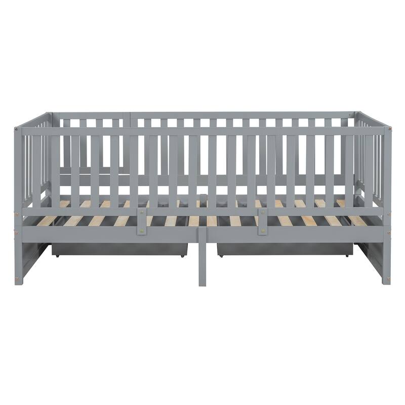 Pine Wood Daybed Floor Bed Frame with Fence Guardrails and 2 Drawers, Converts into Two Individual Beds, No Box Spring Needed