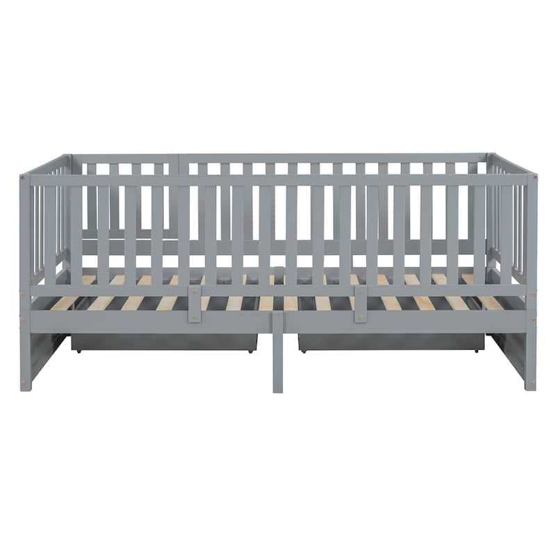 Wood Daybed with Fence Guardrails and 2 Drawers