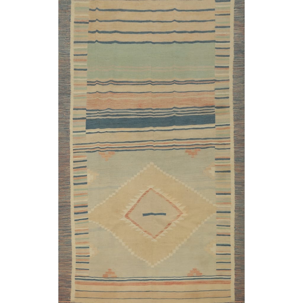 Hand Woven Oriental 100% Wool Carpet Southwestern Geometric Beige & Ivories Kilim Area Rug - 7' 10'' X 4' 9''