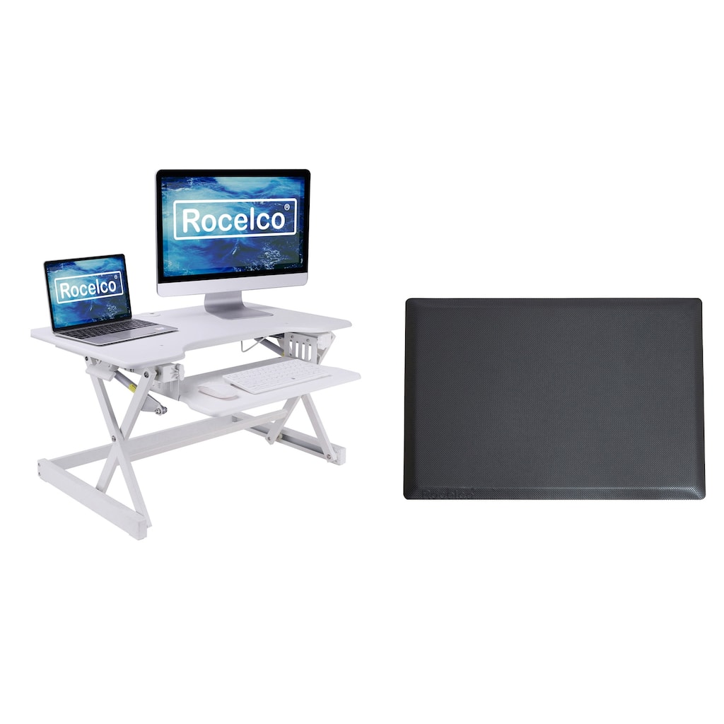Rocelco 32 in. W White Height Adjustable Standing Desk Converter with Anti Fatigue Mat, Dual Monitor and Gas Spring Tray System