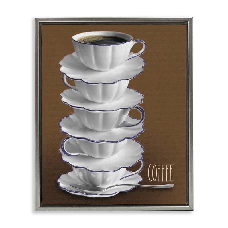 Stupell Stacked Teacups with Coffee Framed Floater Canvas Wall Art Design By Matthew Piotrowicz - 25 x 31 - Grey