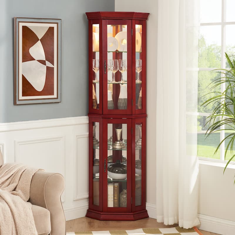 Lighted Corner Curio Cabinet, Curved Wooden Display Cabinet, Bar Cabinet with Adjustable Shelves & Tempered Glass Doors