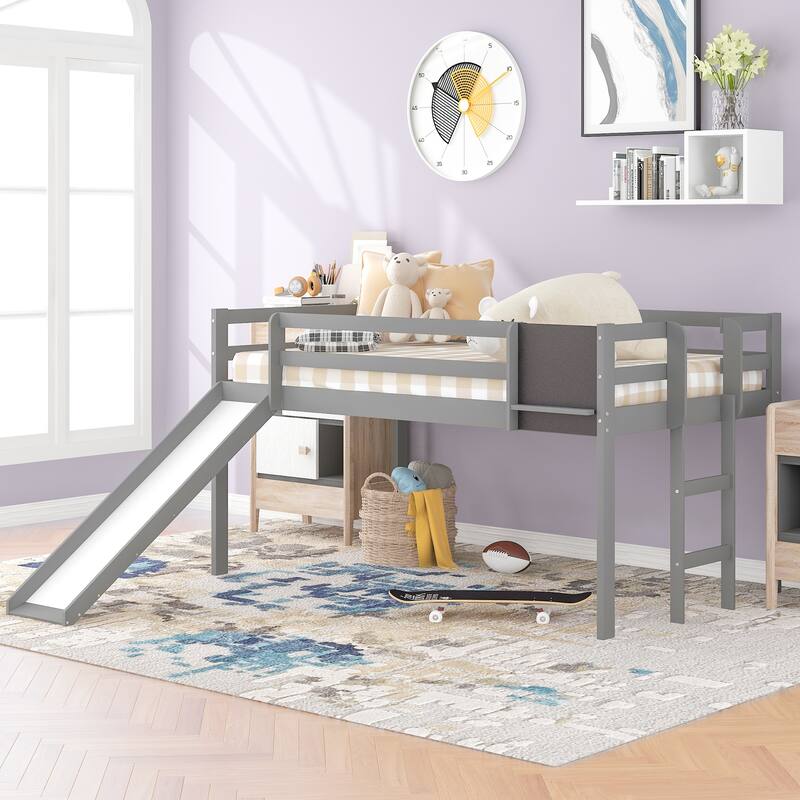 Twin Size Loft Bed Wood Bed with Convertible Ladder and Slide, Solid Wood Twin Kids Bed Frame with Chalkboard for Boys or Girls