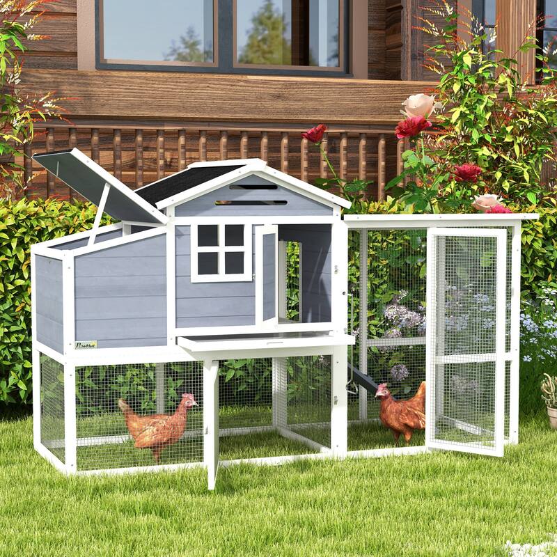 PawHut 76" Wooden Chicken Coop with Outdoor Run, Nesting Box, Tray, Door - Grey