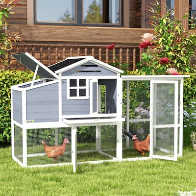 PawHut 76" Wooden Chicken Coop with Outdoor Run, Nesting Box, Tray, Door
