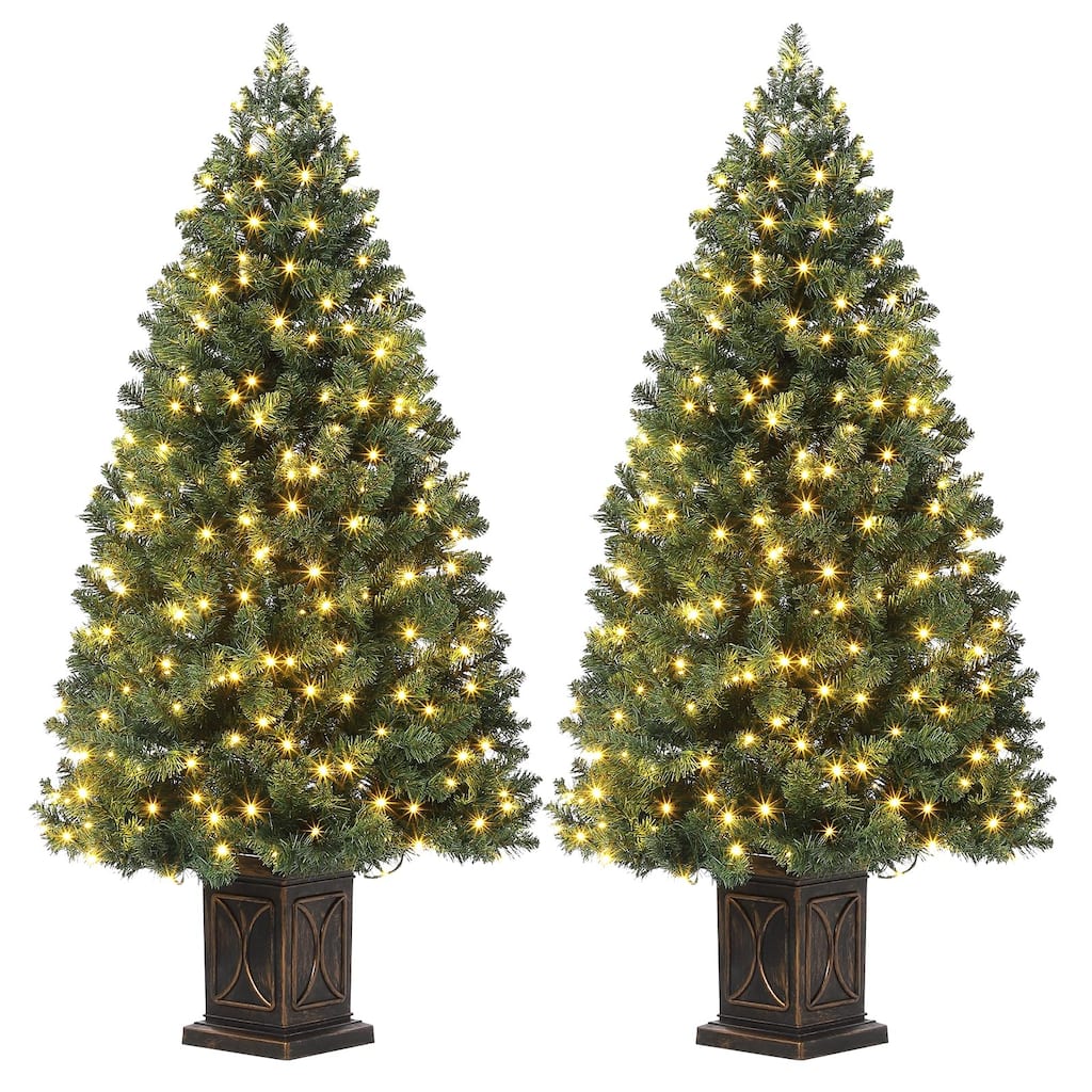 2Pcs 4.5 Ft Artificial Christmas Tree with 300 Warm White LED Lights and Potted Base Holiday Xmas Tree