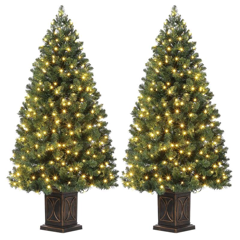4.5 Ft Artificial Christmas Tree with 200 Warm White LED Lights and Red Berries Potted Base Holiday Xmas Tree