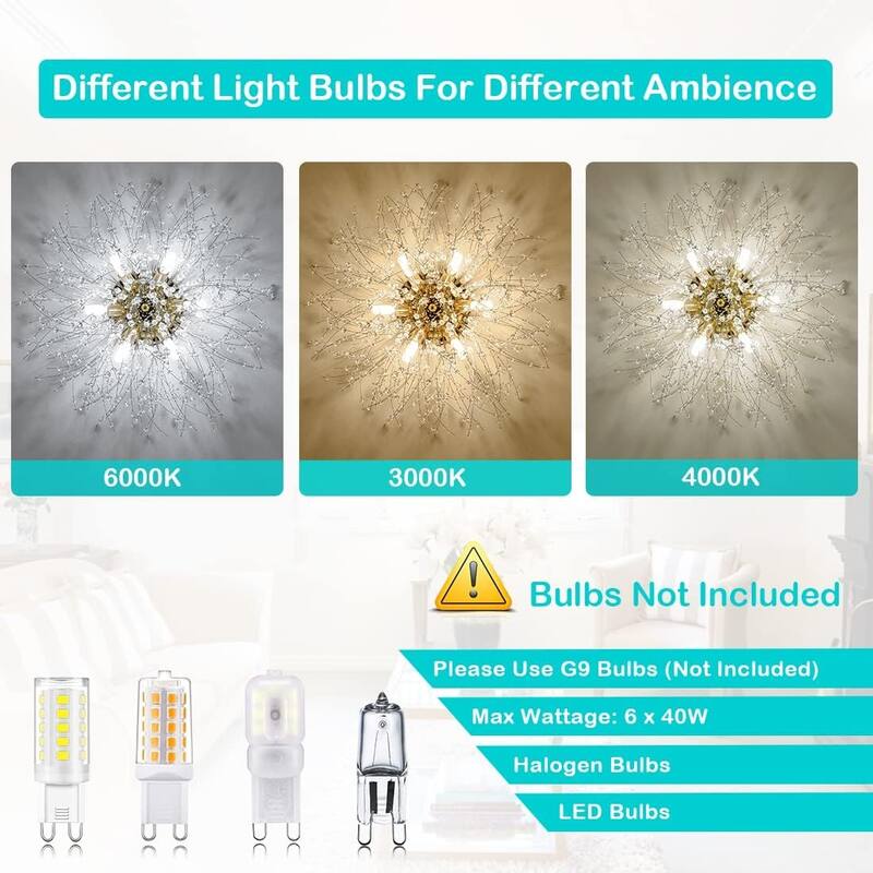 Crystal Flush Mount Ceiling Light, Modern Sputnik Firework Close to Ceiling Lamp, LED Ceiling Light Fixtures for Bedroom Kitchen