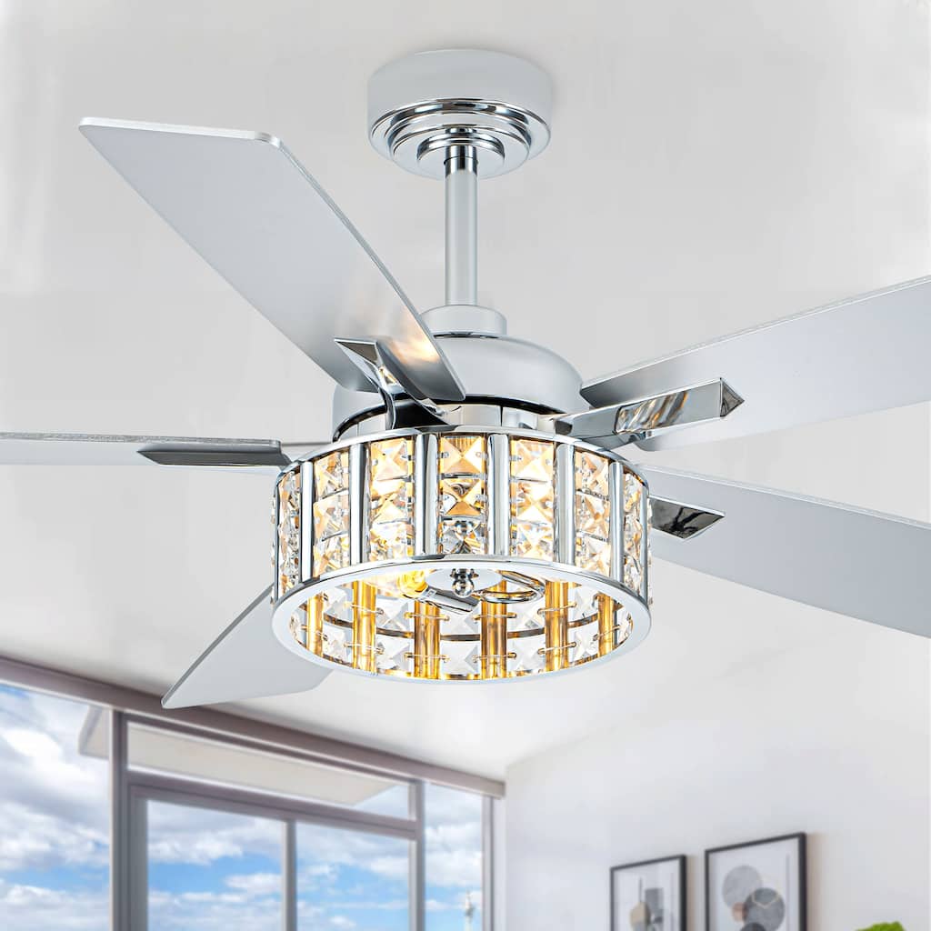 Bella Depot 52" Modern Crystal Ceiling Fan with Light and Remote 6-speed Reversible Fan for Dining Room Bedroom