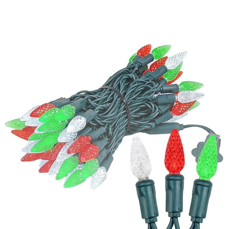 70 Light C6 LED Christmas Mini Light Set, Red/Green/Pure White, Green Wire, 24' - Large