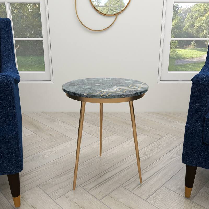 Marble Accent Table with Gold Metal Tripod Legs and Zig-Zag Detail - Green - Roche River Decor