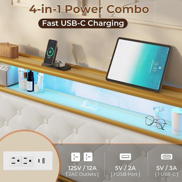 Bed Frame LED Light Headboard Platform Bed Frame Faux