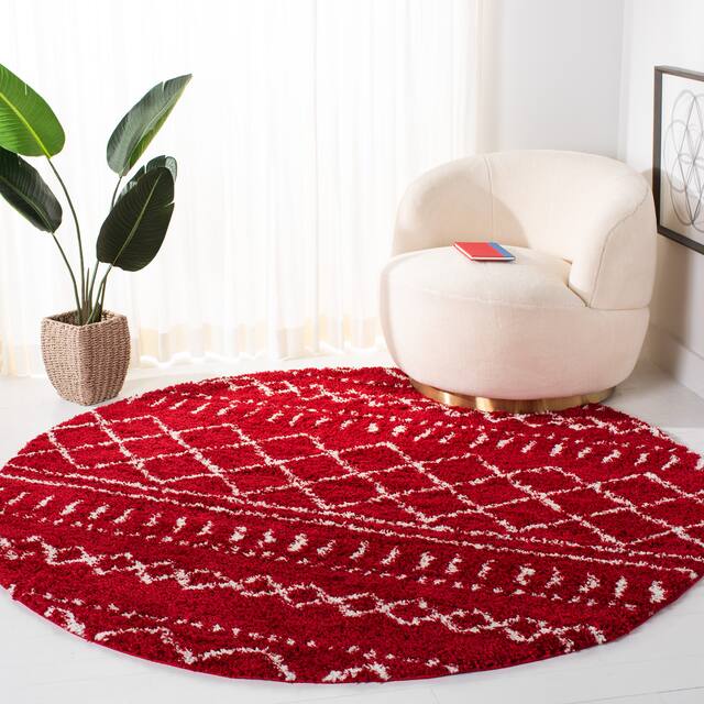 SAFAVIEH Arizona Shag Lotta Moroccan 1.2-inch Thick Rug - 6'7" x 6'7" Round - Red/Ivory