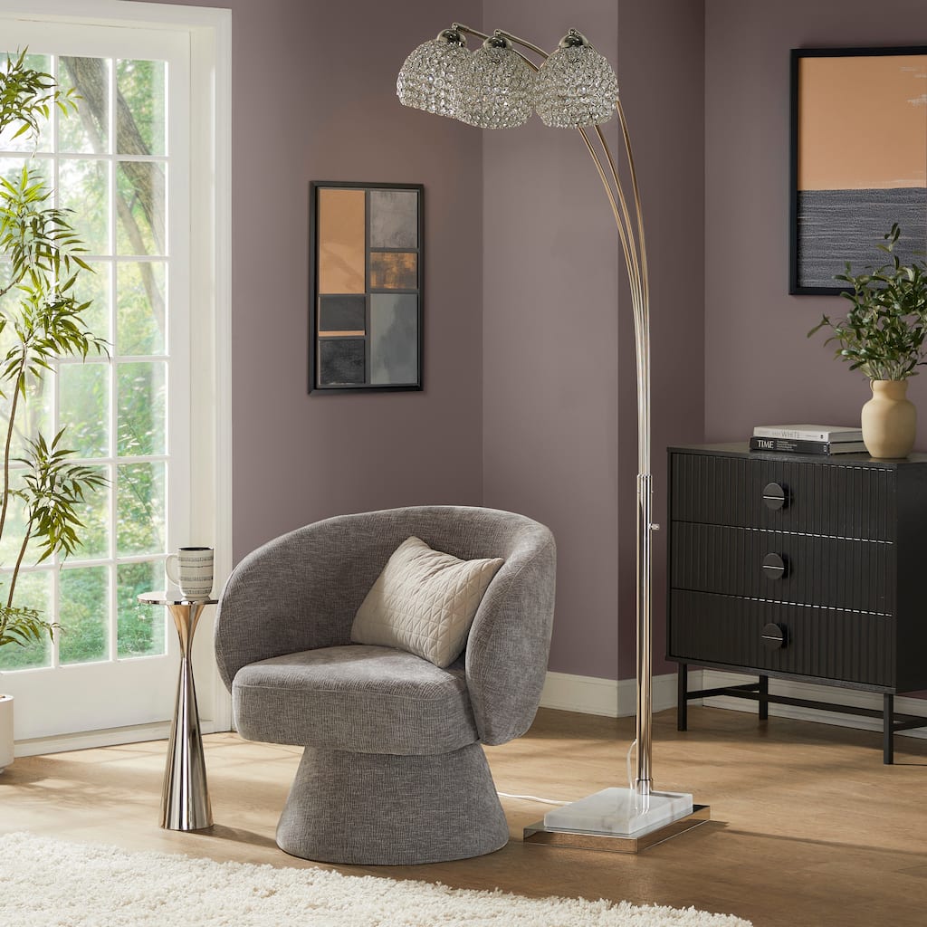 Silver Orchid Wrenley 75" Metal Floor Lamp with Crystal Shades - Polished Nickel/White Marble/Clear Crystal