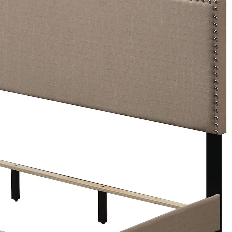 Queen Size Upholstered Panel Bed with Nailhead Trim and Wooden Legs
