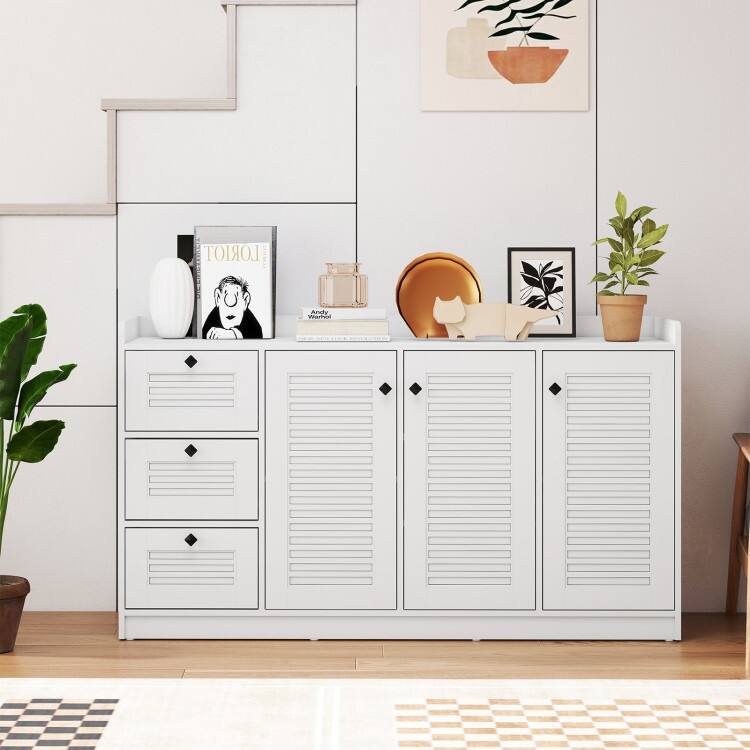 White Engineered Wood MDF Buffet Cabinet with Drawers, Shutter Doors and Storage - 63" x 16.5" x 36"